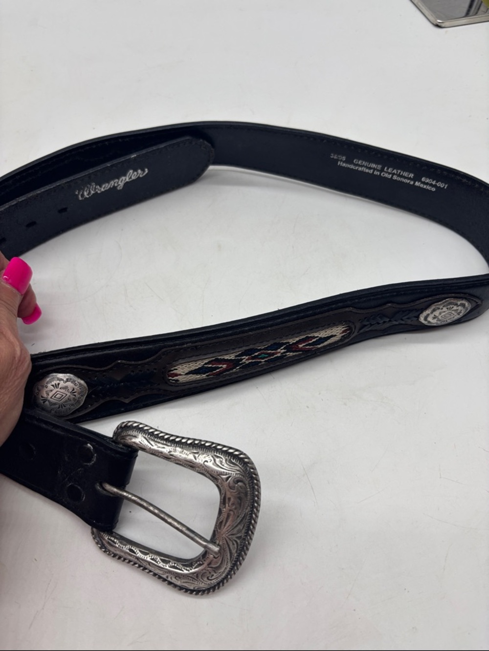 Wrangler Black Leather Western Belt with Silver Buckle and Woven Inlay